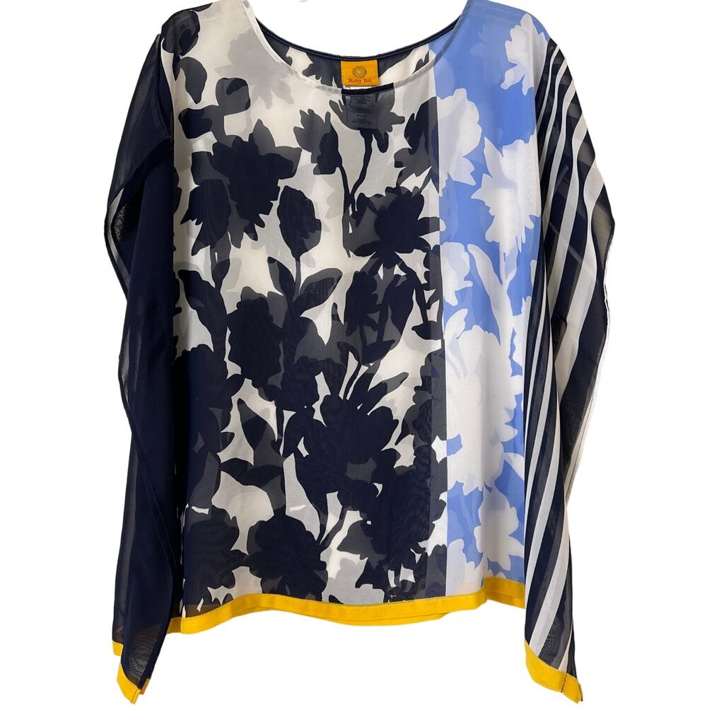 Ruby Rd. Large Poncho Blouse Striped Floral Blue, Navy & White W Yellow Border